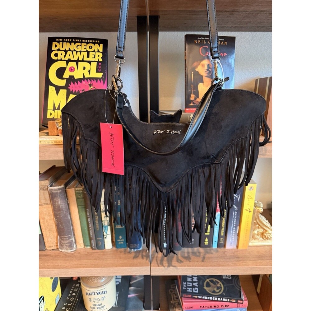 Betsey Johnson Xoblaire Black Bat Fringe Faux Suede Zip Shoulder Bag Crossbody